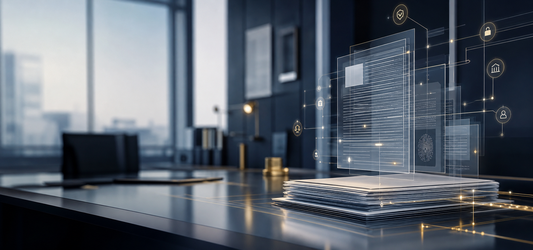 Documentos digitales con capas de trazabilidad, verificacion y seguridad documental en un entorno corporativo